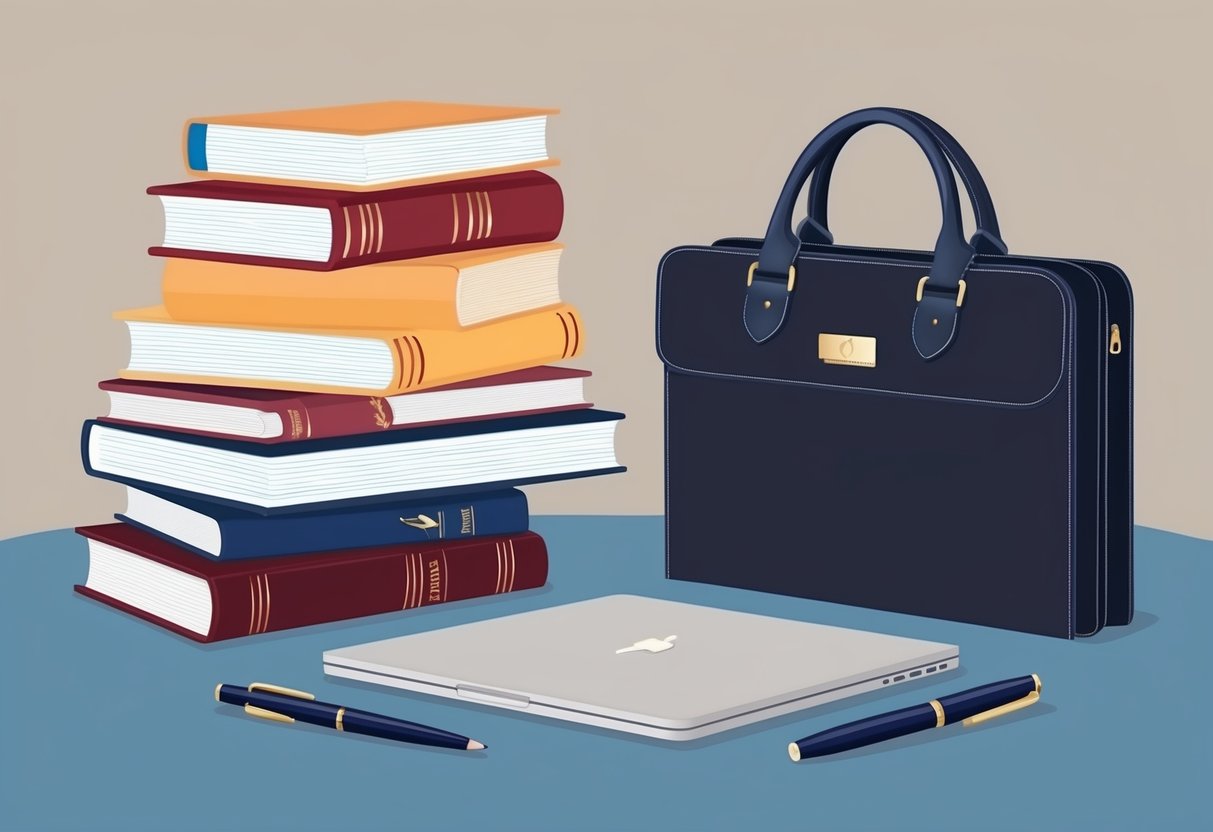 A stack of books, a sleek laptop, a professional briefcase, and a personalized pen set arranged on a desk