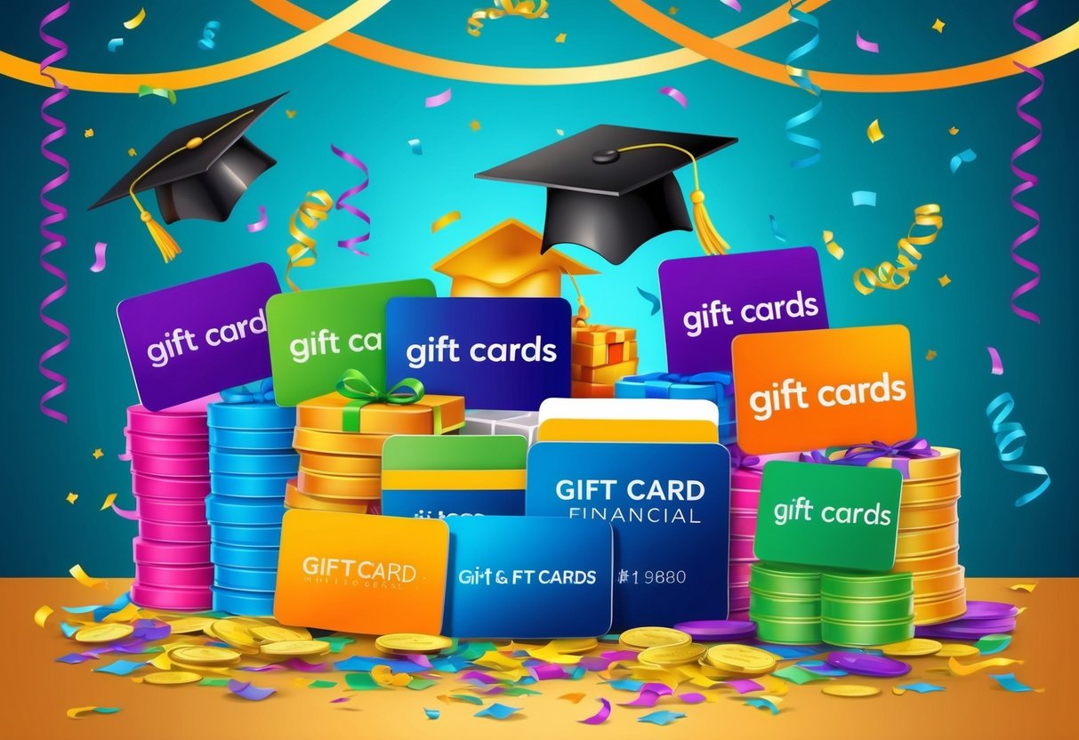 A colorful array of gift cards and financial gifts displayed on a festive graduation-themed background, surrounded by celebratory confetti and streamers