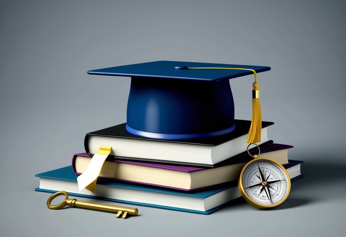 A graduation cap resting on a stack of books, surrounded by a diploma, a key, and a compass, symbolizing the journey of education and the future ahead