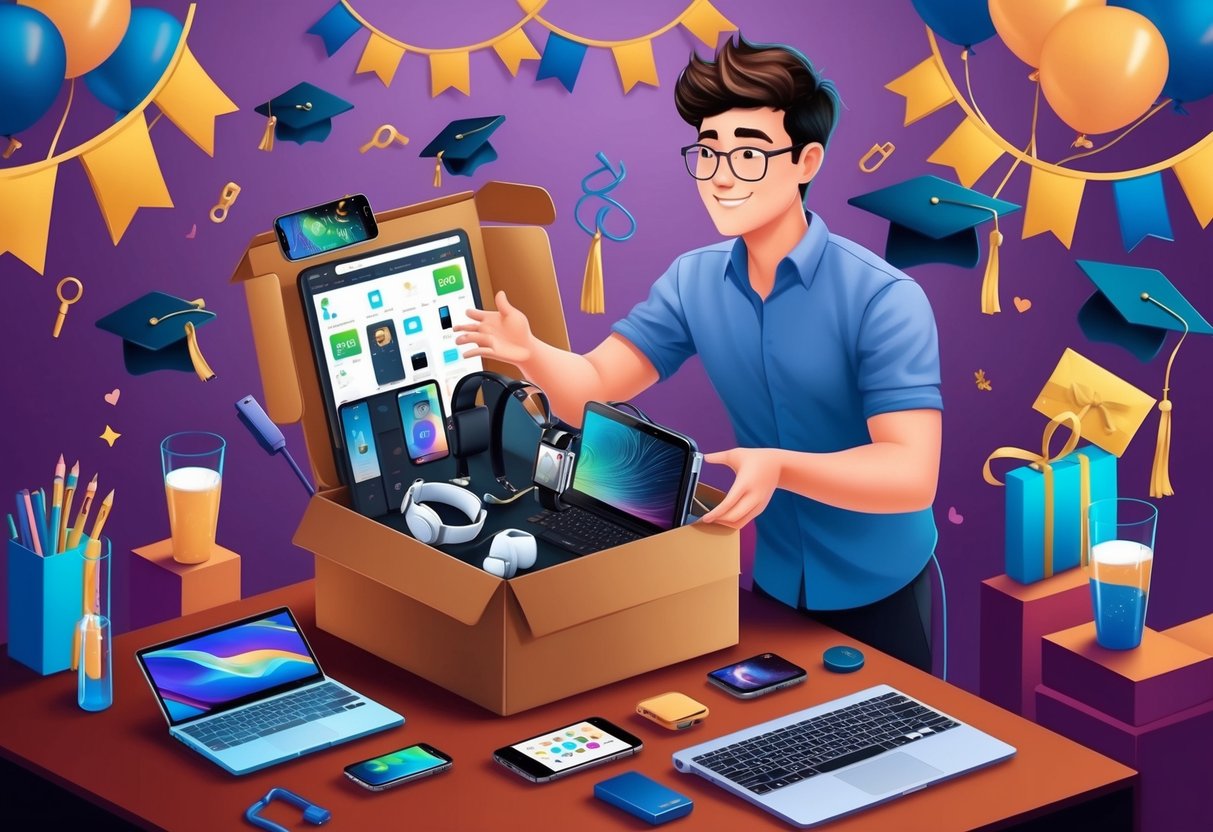 A tech lover opening a gift box filled with gadgets and accessories, surrounded by graduation decorations and a celebratory atmosphere