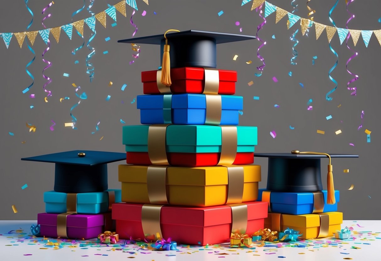 A stack of colorful graduation-themed gifts arranged on a table, surrounded by festive decorations and confetti