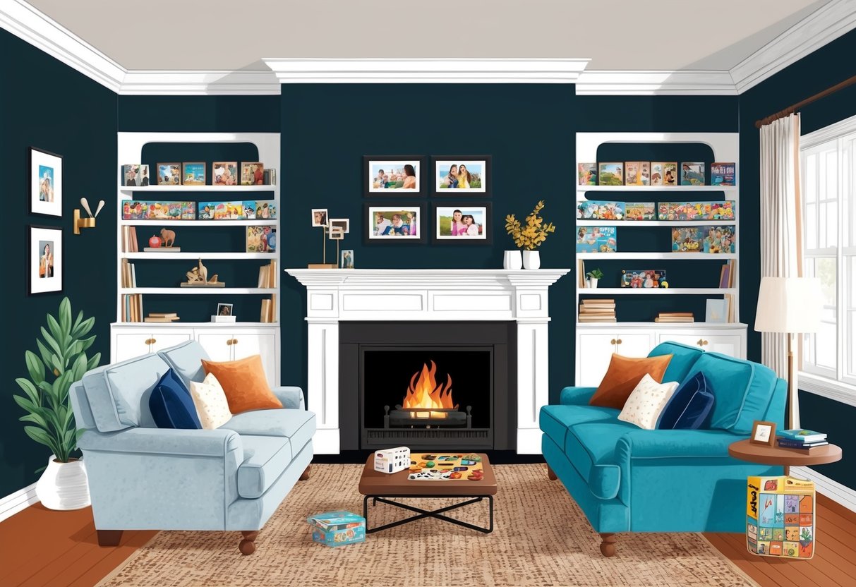 A cozy living room with a fireplace, surrounded by comfortable seating and shelves filled with board games and family photos