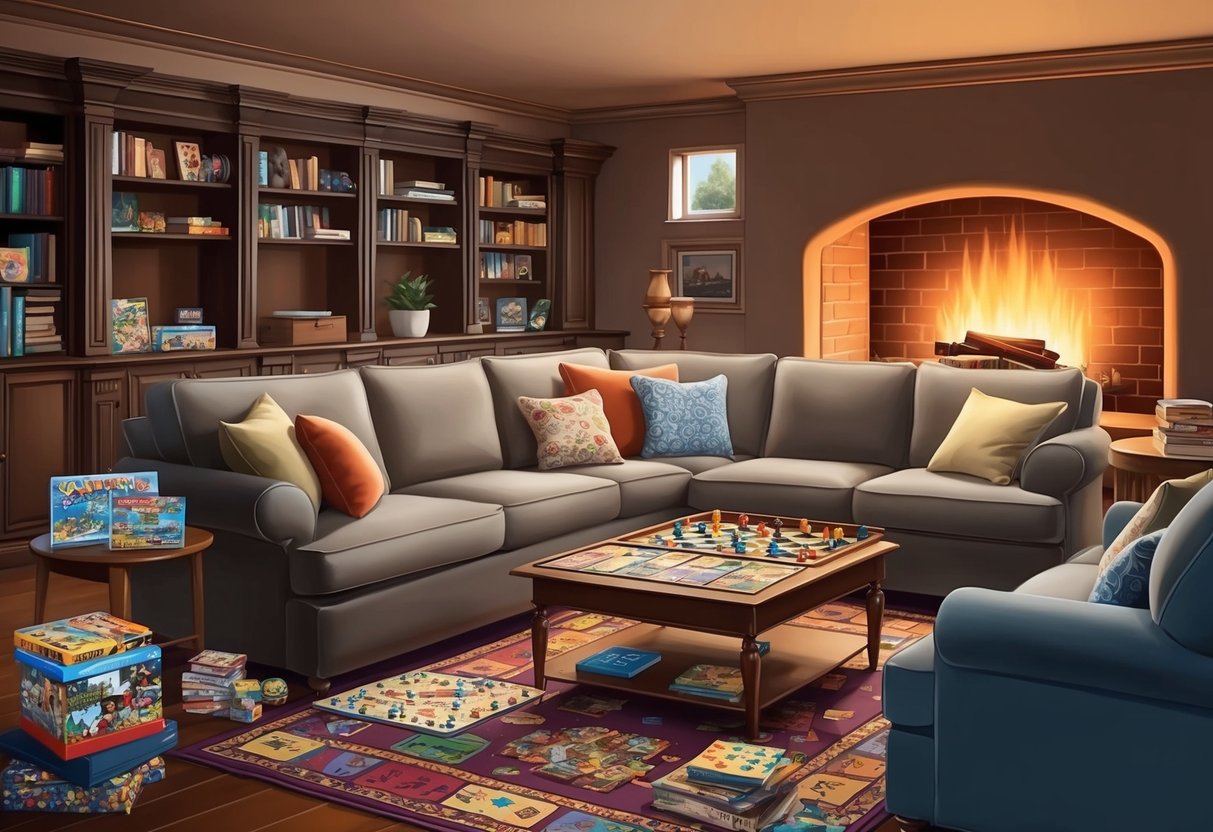 A cozy living room with a large, inviting sofa surrounded by board games, puzzles, and books. A warm fireplace crackles in the background, casting a soft glow over the room