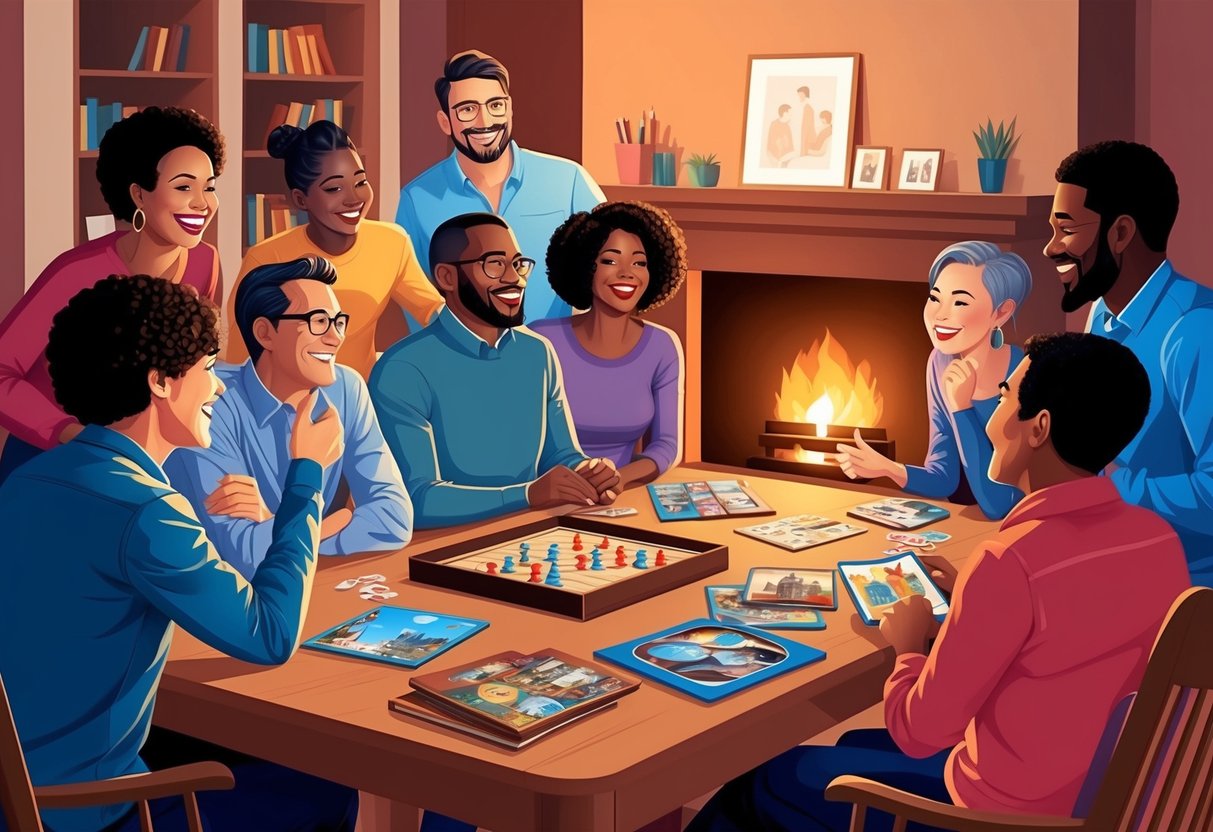 A group of diverse individuals gather around a cozy fireplace, sharing memories and laughter. A table is filled with board games and photo albums, creating a warm and inviting atmosphere