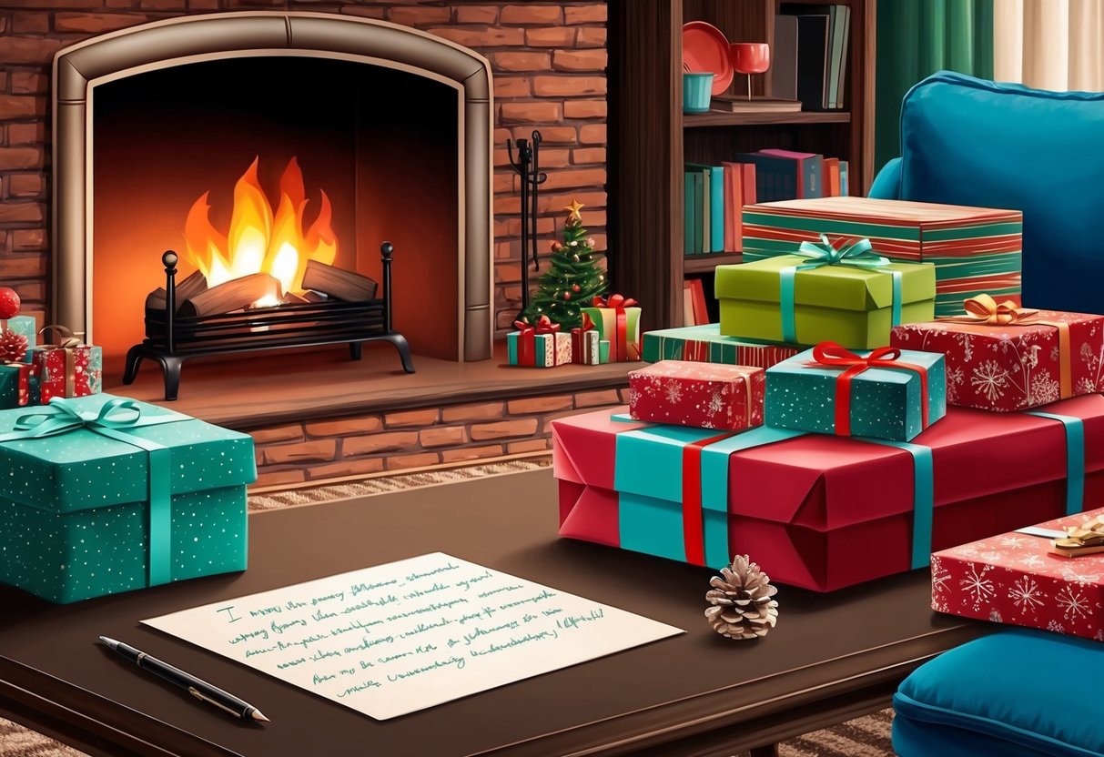 A cozy living room with a crackling fireplace, a pile of wrapped presents, and a thoughtful handwritten note on a table