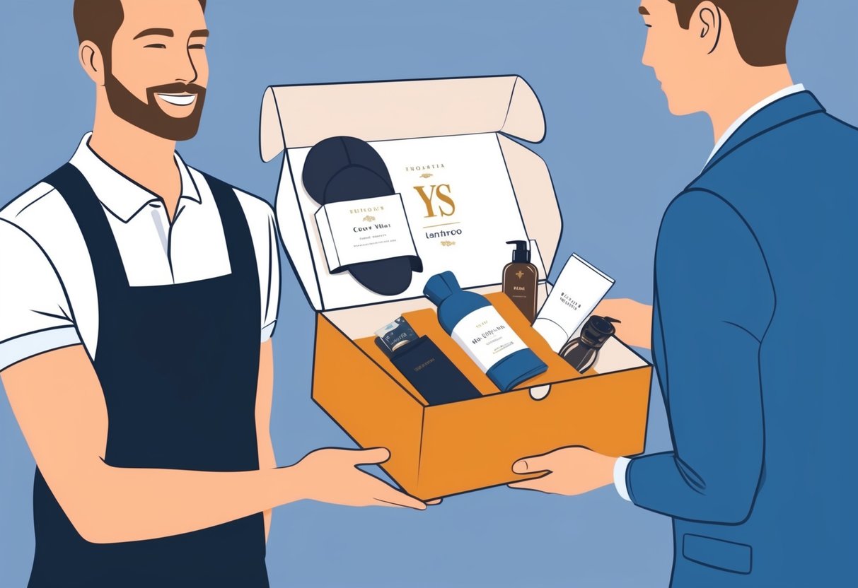 A man receiving a personalized gift box with items tailored to his style, such as clothing, accessories, or grooming products. The box is thoughtfully curated and presented in an elegant and stylish manner