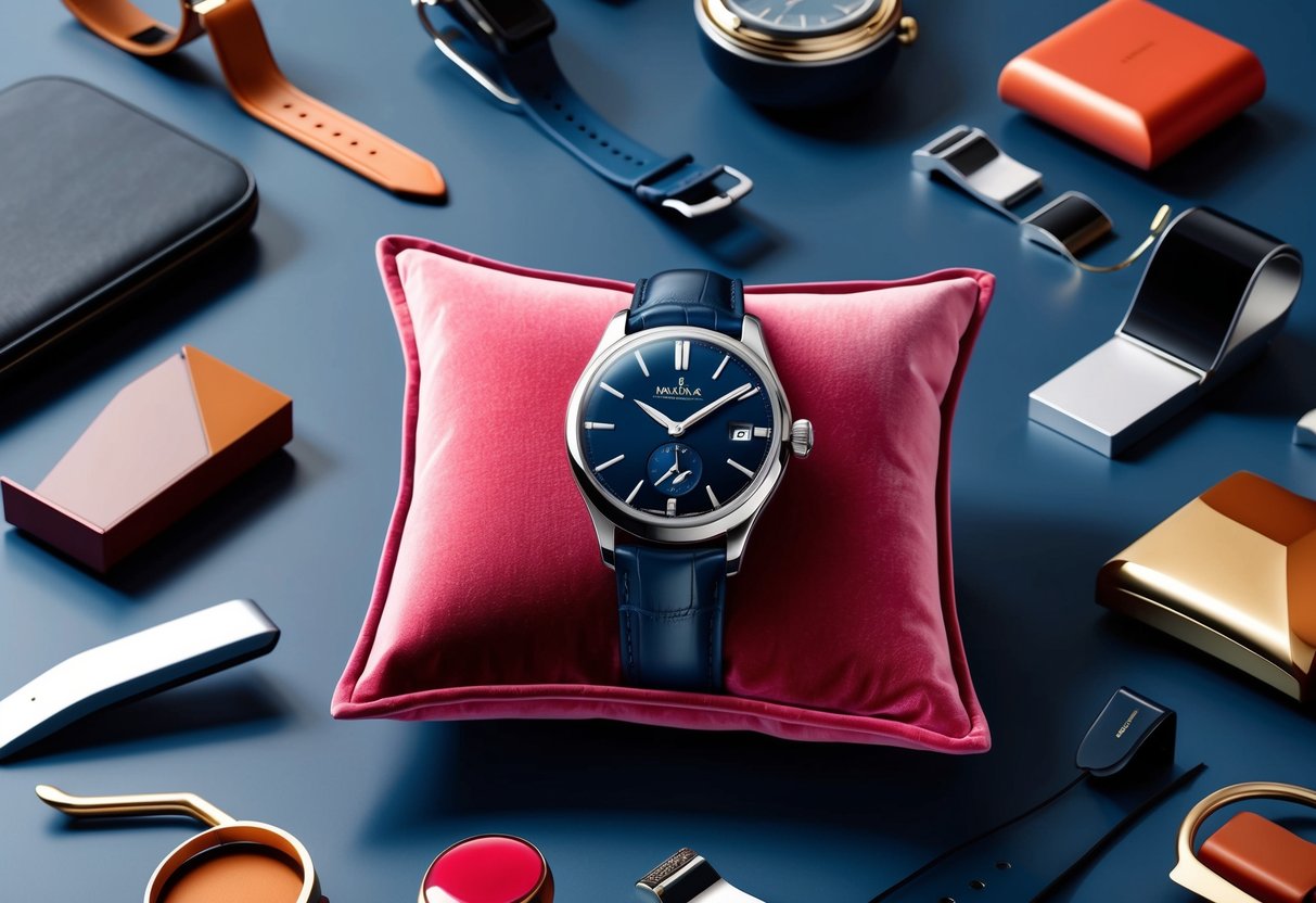 A sleek and stylish watch resting on a velvet cushion, surrounded by a collection of unique and modern accessories