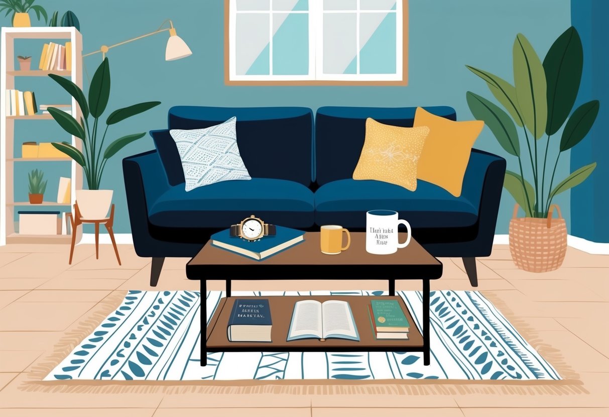 A cozy living room with a coffee table adorned with thoughtful gifts for boyfriends under $100, such as a watch, book, and personalized mug