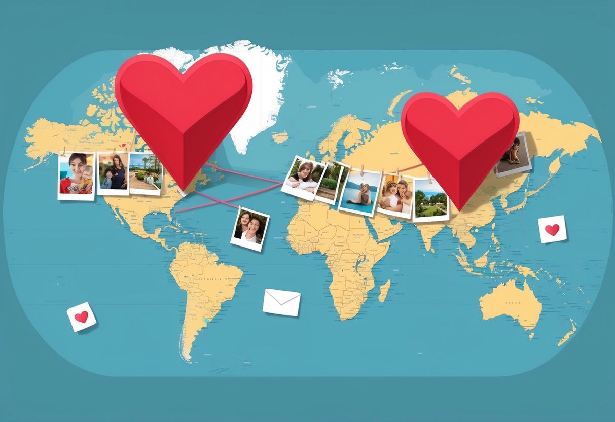 A map with heart-shaped pins marking two distant locations, connected by a string of photos and letters