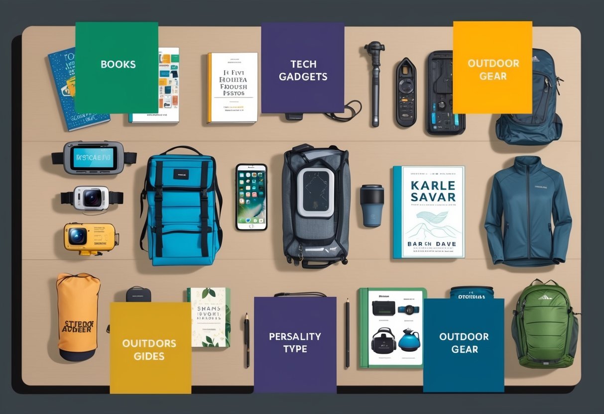 A table with various gift items arranged in categories, such as books, tech gadgets, and outdoor gear. Each category is labeled with a different personality type