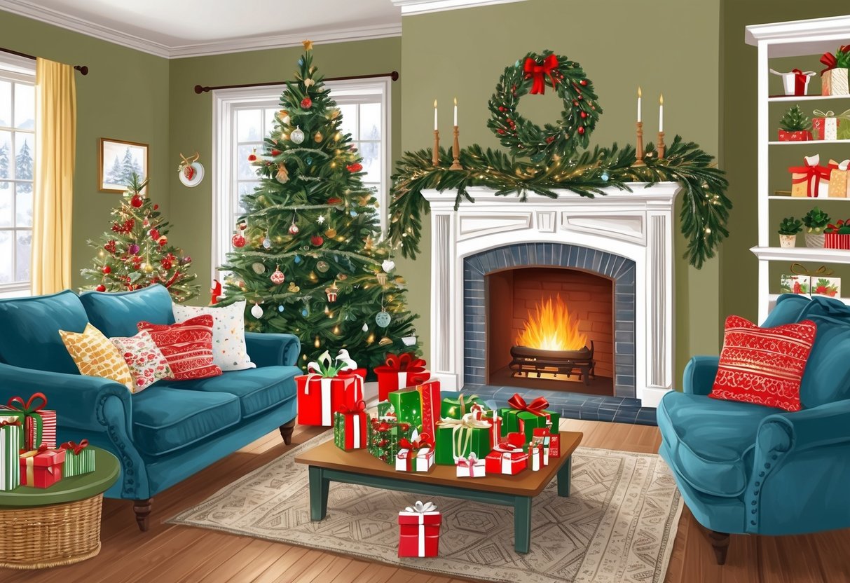 A cozy living room with a crackling fireplace, a beautifully decorated Christmas tree, and a table filled with homemade gifts and crafts