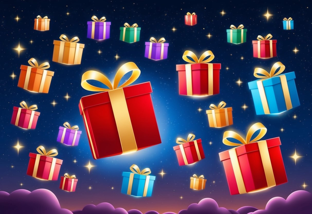 A colorful array of gift boxes floating in a starry night sky, each emitting a warm glow and surrounded by twinkling stars