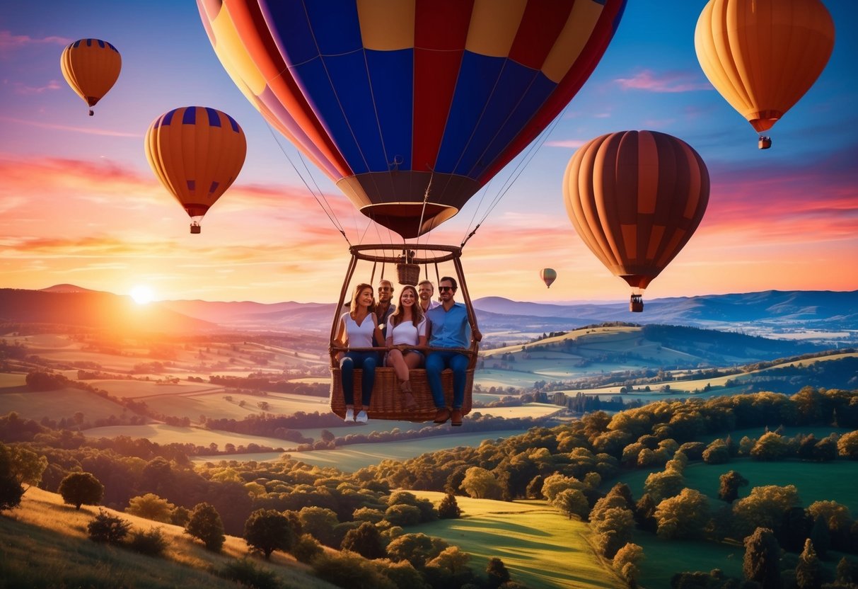 A group of people enjoying a hot air balloon ride over a picturesque landscape at sunset