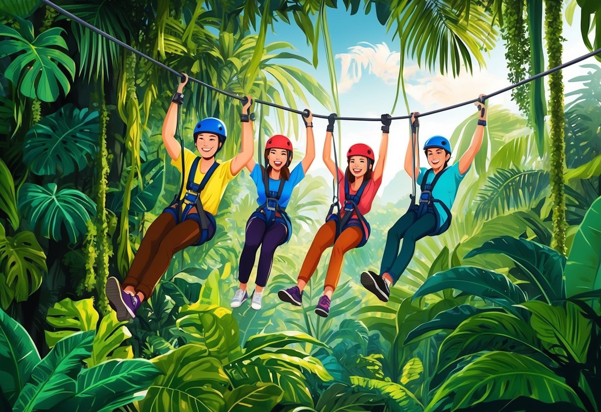 A group of people ziplining through a lush jungle, with vibrant colors and a sense of excitement and adventure in the air