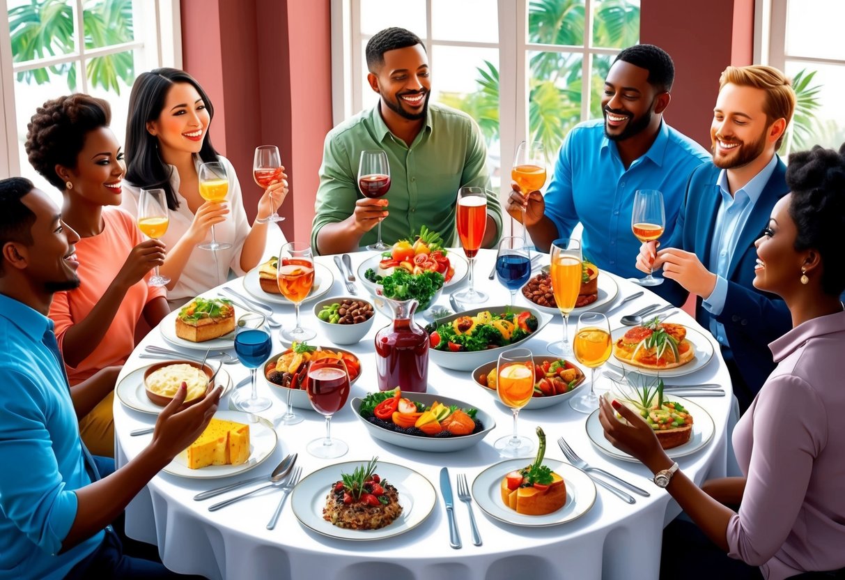 A table set with a variety of gourmet food and drink items, surrounded by happy people enjoying the experience