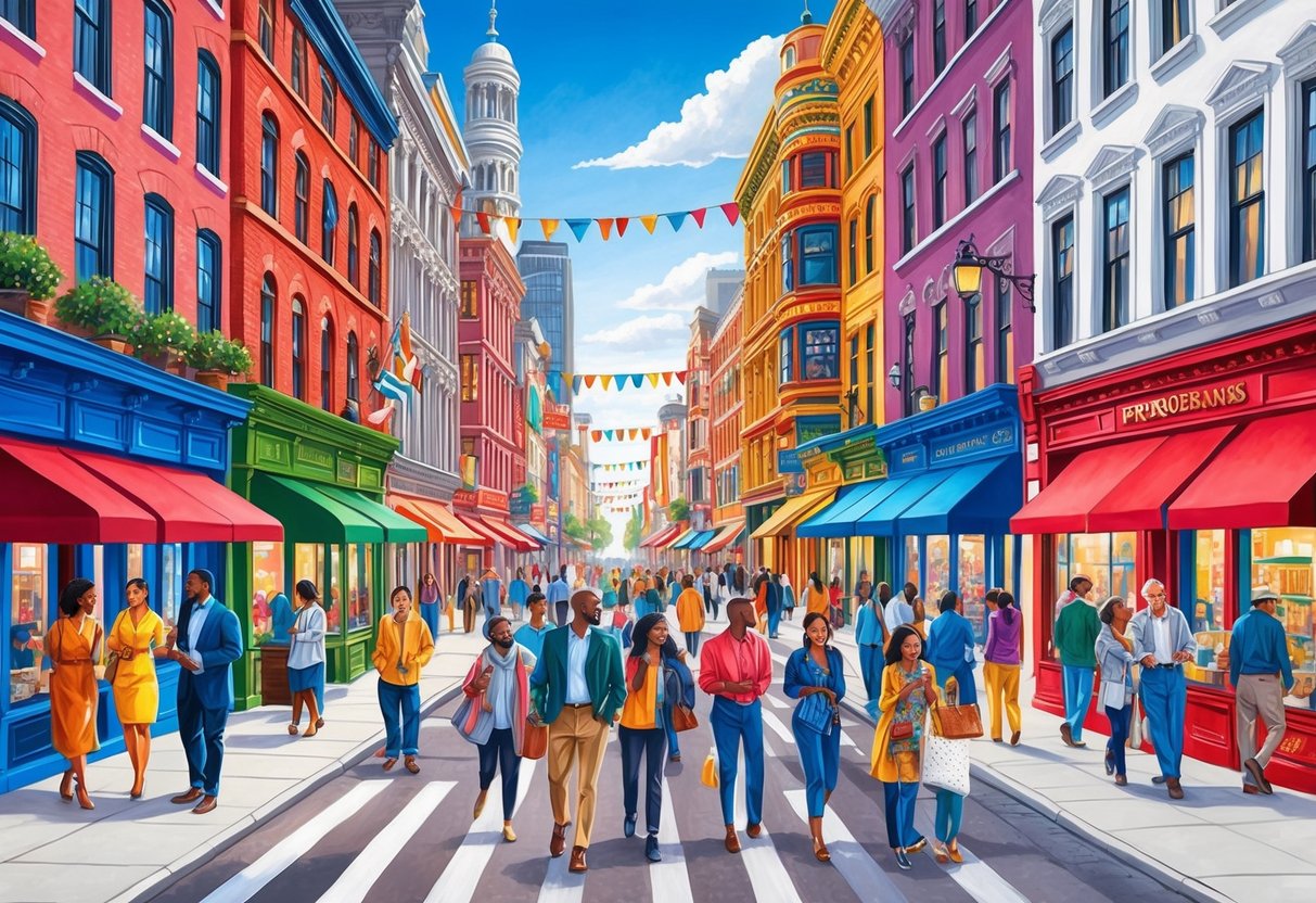 A bustling city street lined with vibrant cultural landmarks and colorful storefronts, filled with people enjoying diverse experiences