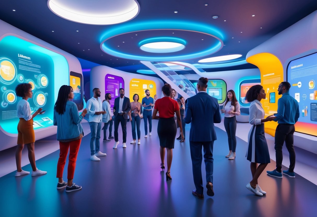 A diverse group of people explore interactive exhibits in a futuristic museum filled with immersive experiences and cutting-edge technology