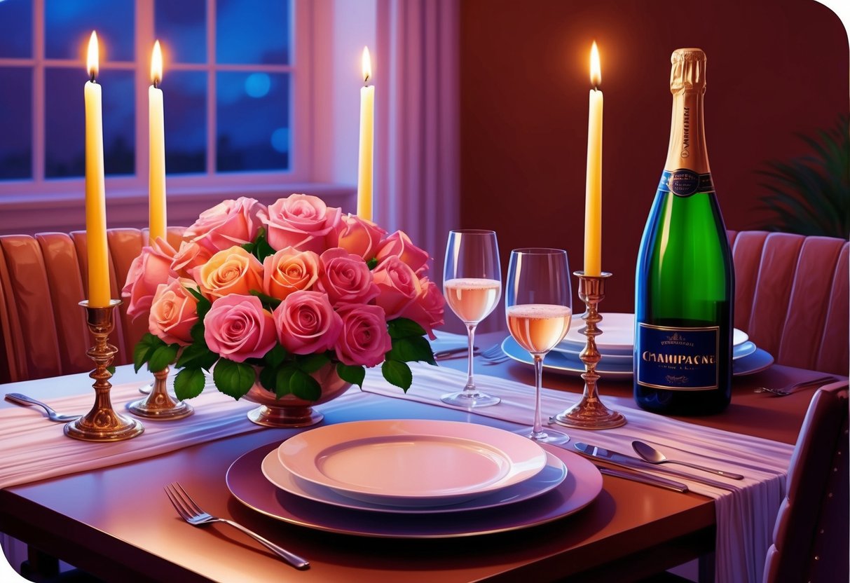 A candlelit dinner with a bouquet of roses and a sparkling bottle of champagne on a beautifully set table