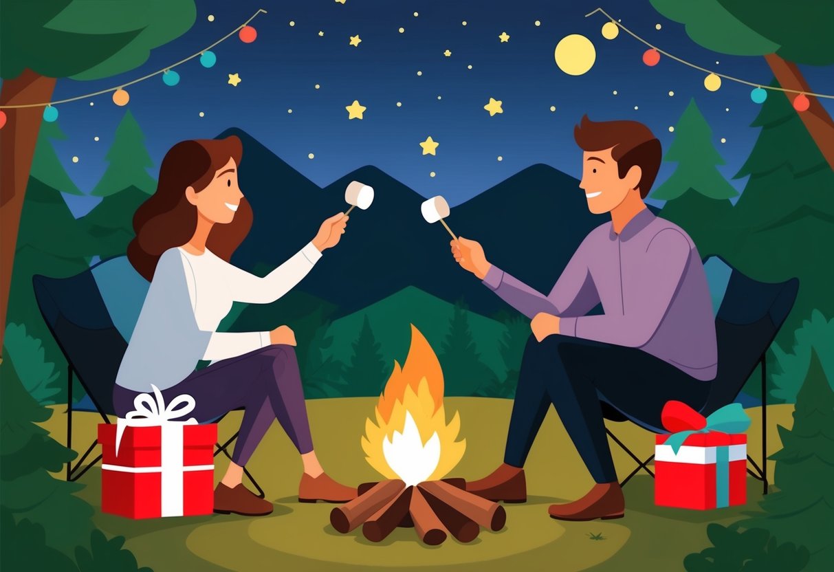 A couple sitting by a campfire under the stars, toasting marshmallows and exchanging heartfelt gifts