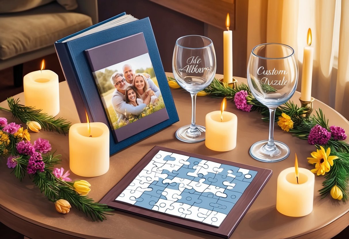 A cozy table set with personalized gifts, surrounded by candles and flowers. A photo album, engraved wine glasses, and a custom-made puzzle are displayed