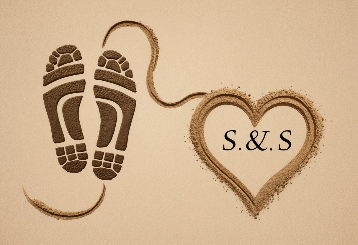 A couple's intertwined footprints on a sandy beach, leading to a heart drawn in the sand with their initials inside