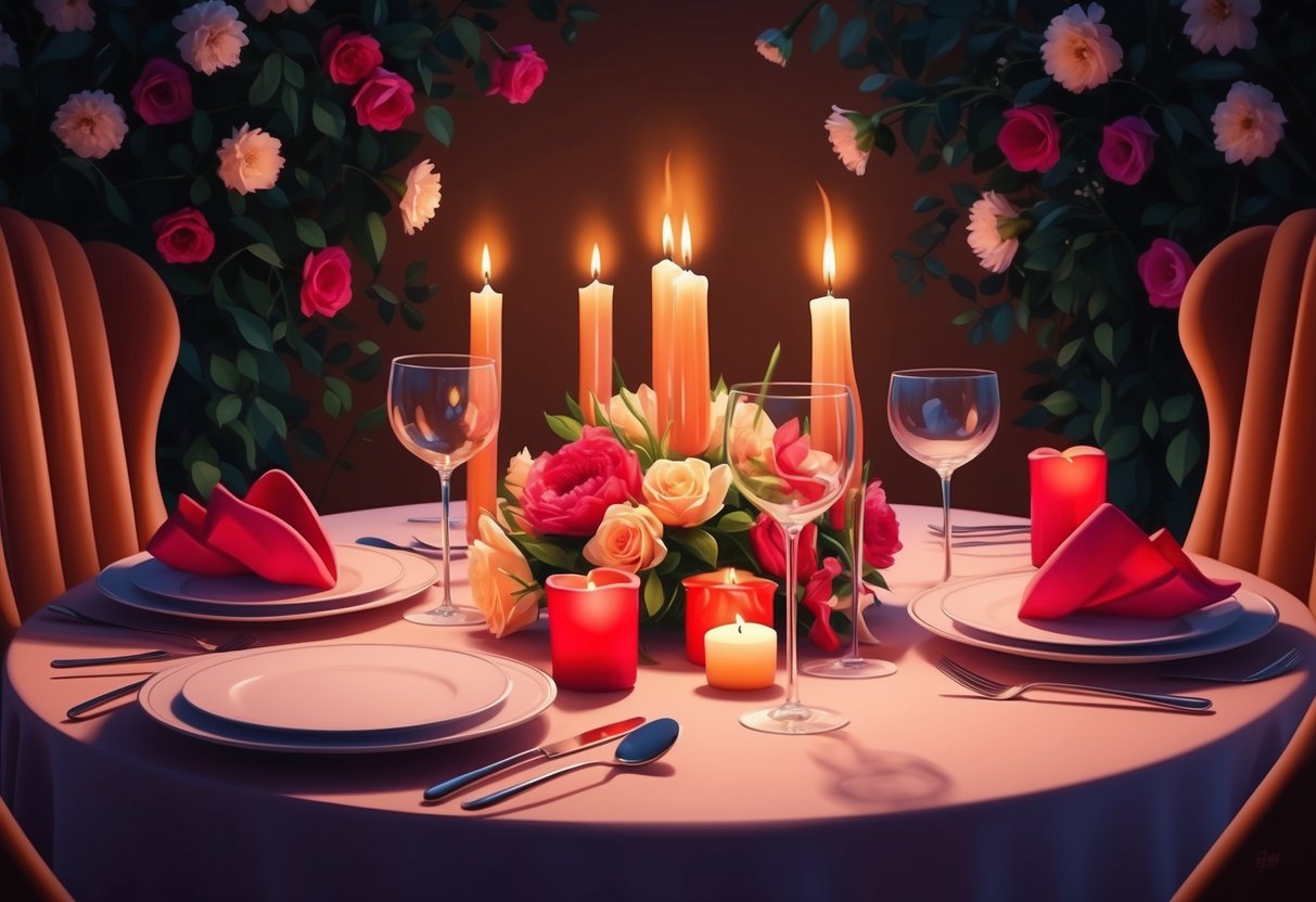 A cozy candlelit dinner with a table set for two, surrounded by flowers and romantic decorations