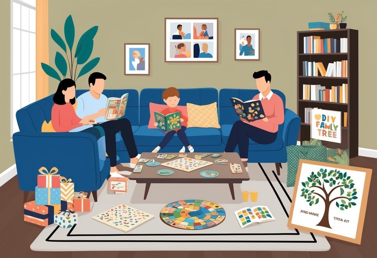 A cozy living room with a family playing board games and reading together, surrounded by thoughtful gifts like a family photo album and a DIY family tree kit