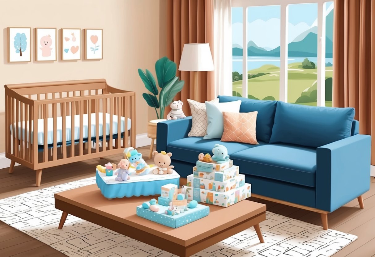 A cozy living room with a crib, baby toys, and a stack of gift sets for new parents displayed on a coffee table