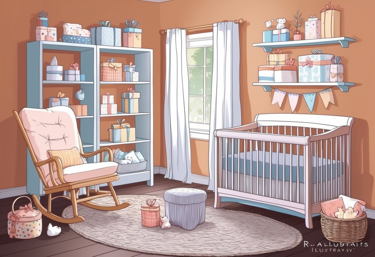 A cozy nursery with a rocking chair, crib, and shelves filled with practical and thoughtful gifts for new parents. A warm, inviting atmosphere with soft lighting and playful decor