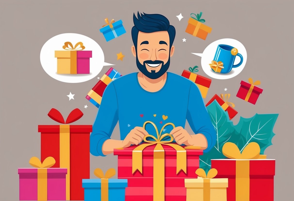 A man surrounded by thoughtful gifts, smiling as he unwraps a personalized item or experiences a unique activity