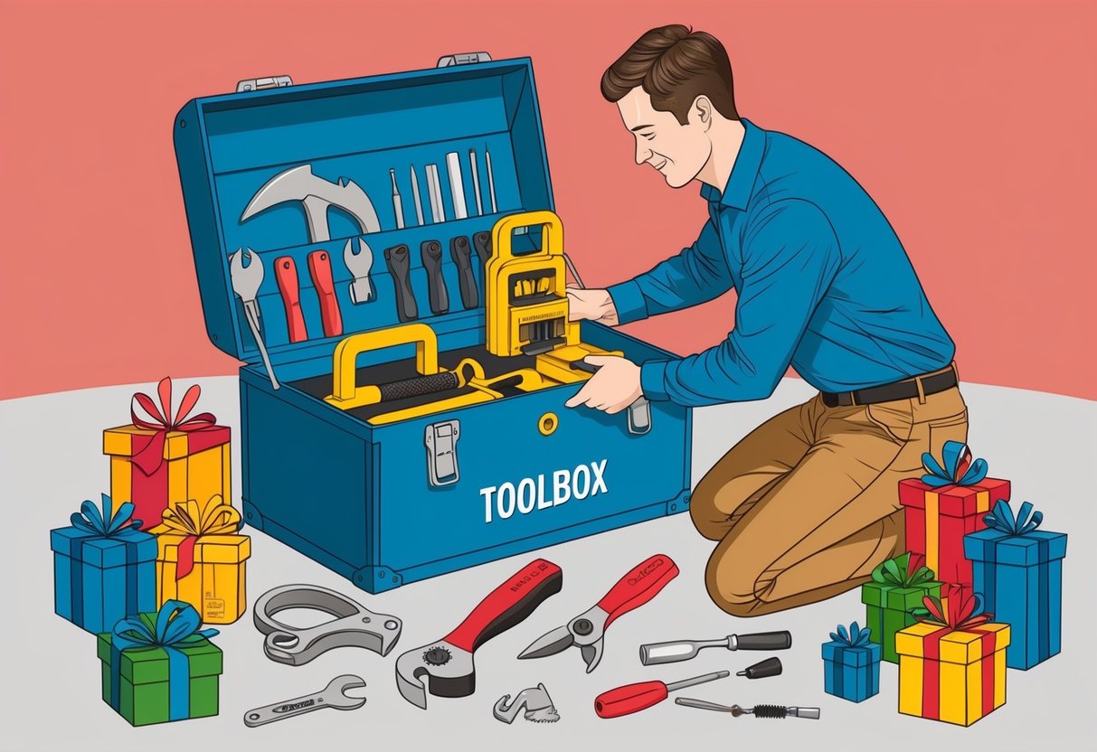 A man opening a personalized toolbox filled with custom-made tools and gadgets, surrounded by unique and thoughtful gifts for him