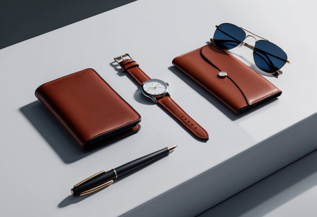 A sleek watch, leather wallet, and stylish sunglasses arranged on a clean, modern surface