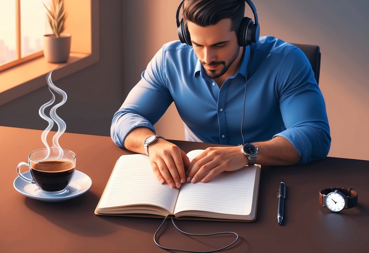 A man's daily routine: coffee brewing, journal open, headphones on, and a sleek watch on the table