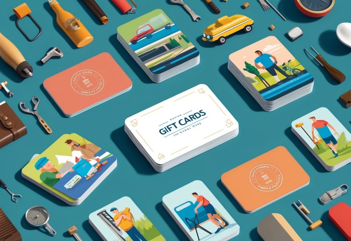 A collection of gift cards featuring various interests, surrounded by items representing hobbies and activities for men