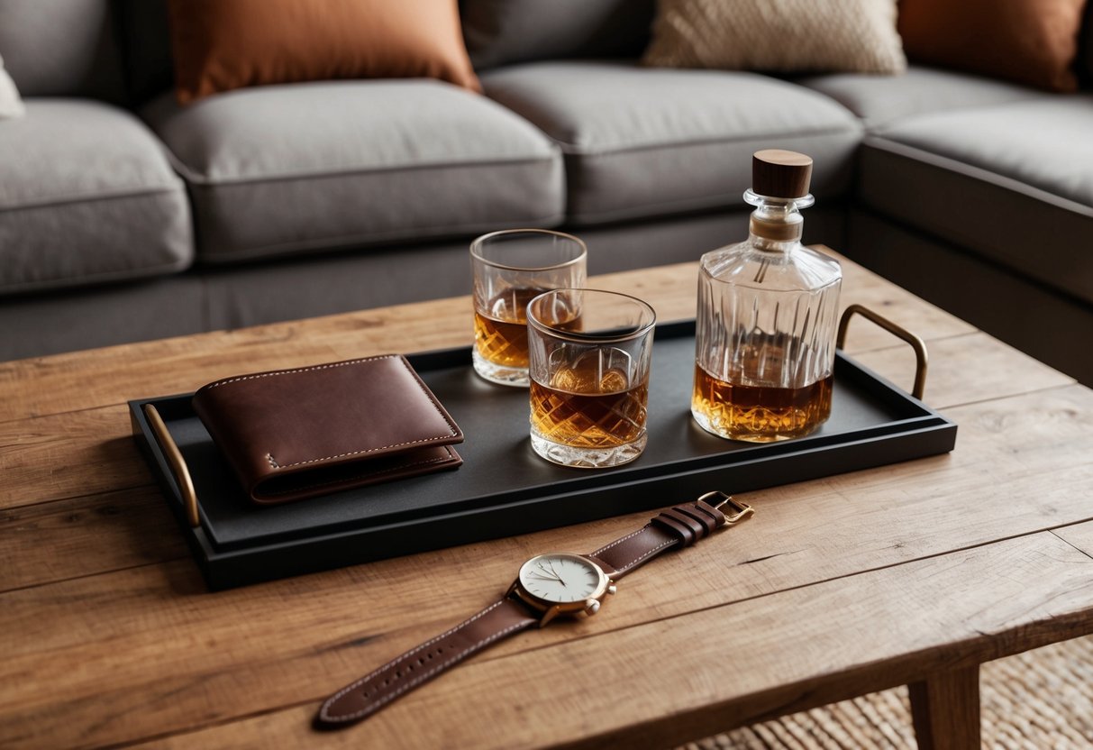 A cozy living room with a rustic wooden coffee table adorned with carefully curated, artisanal gifts for him - a leather wallet, handcrafted whiskey glasses, and a vintage-inspired watch