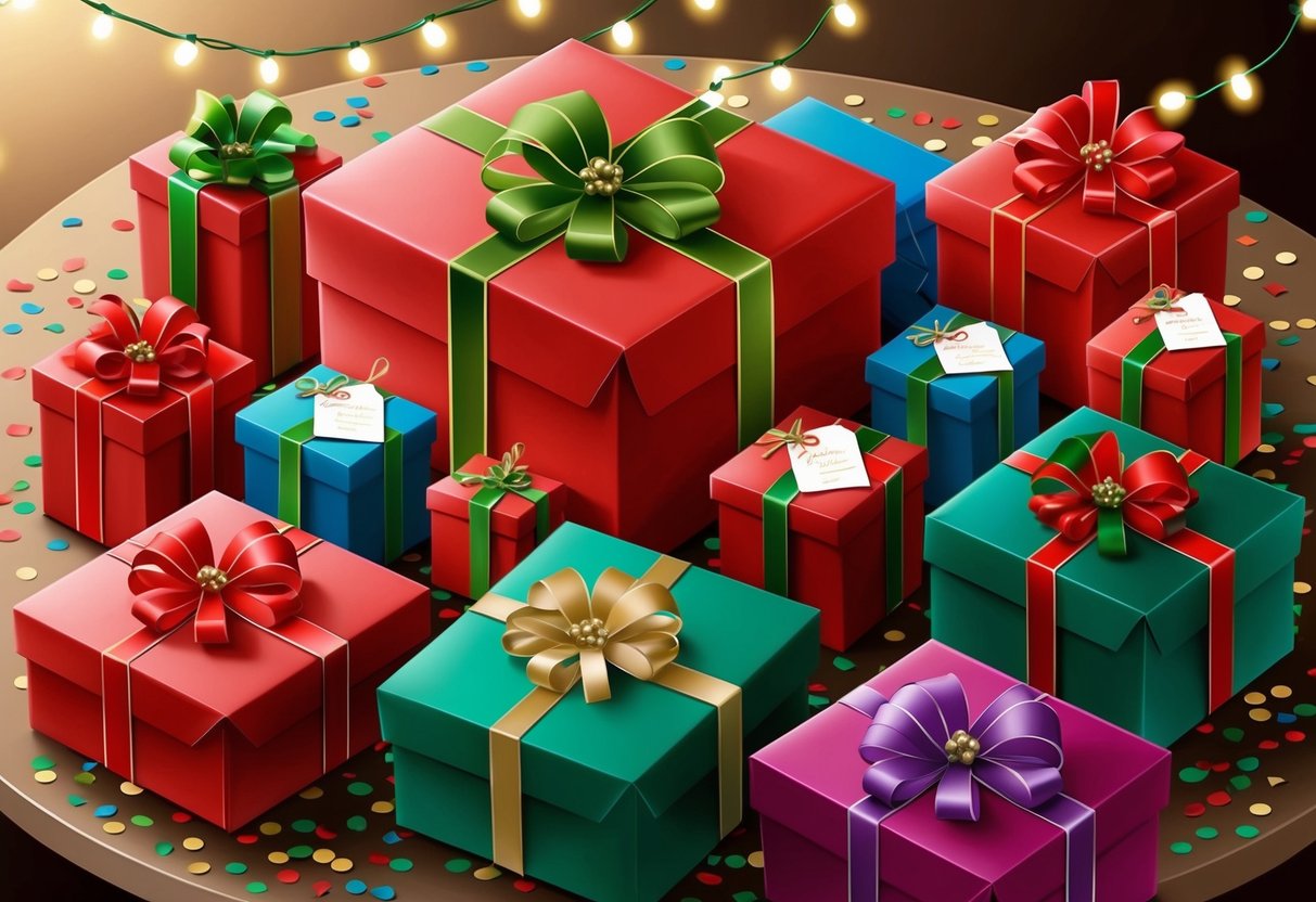 A group of wrapped gifts with festive ribbons and tags, arranged on a table with scattered confetti and twinkling lights