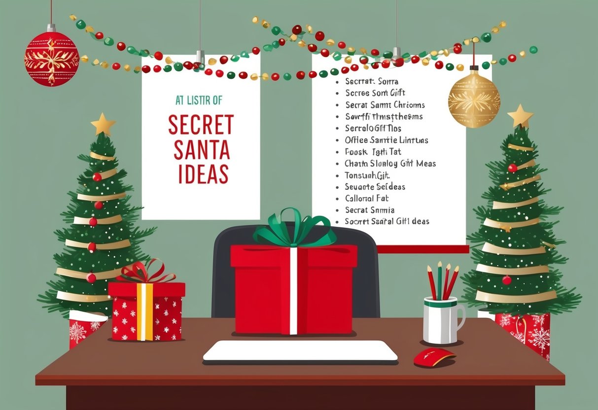A festive office desk with a wrapped gift, festive decorations, and a list of Secret Santa gift ideas