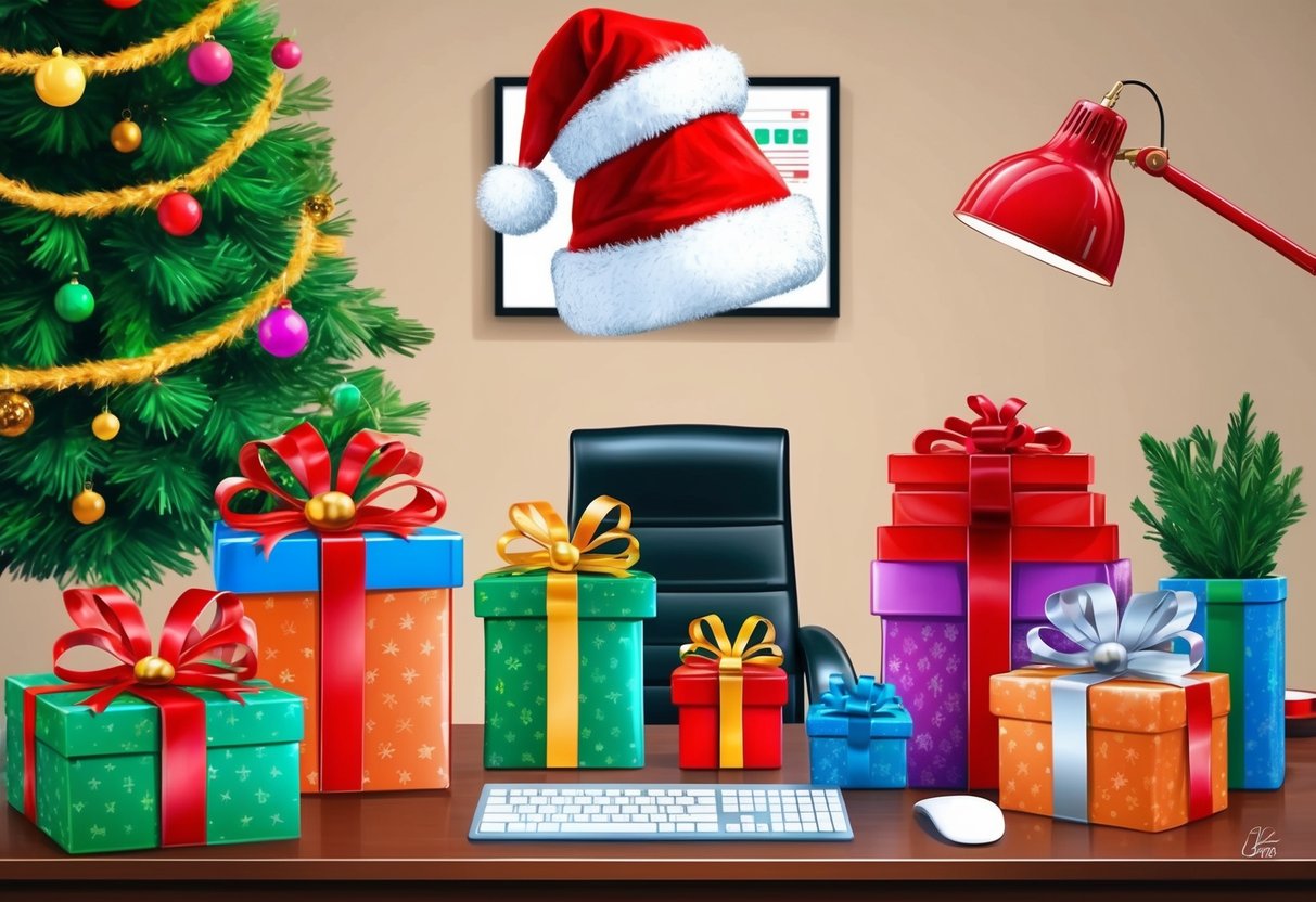 A festive office desk adorned with colorful wrapped gifts and a Santa hat