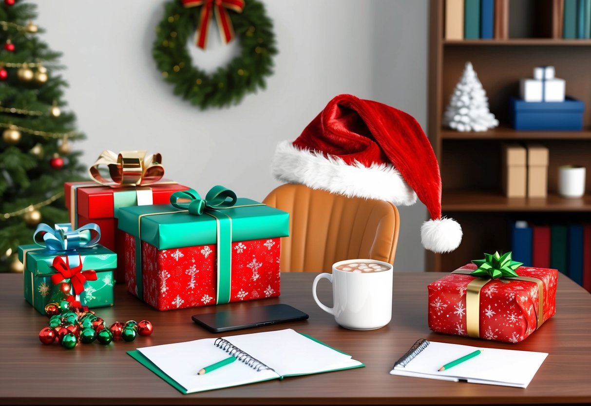A festive office desk with wrapped gifts, a Santa hat, and a mug of hot cocoa