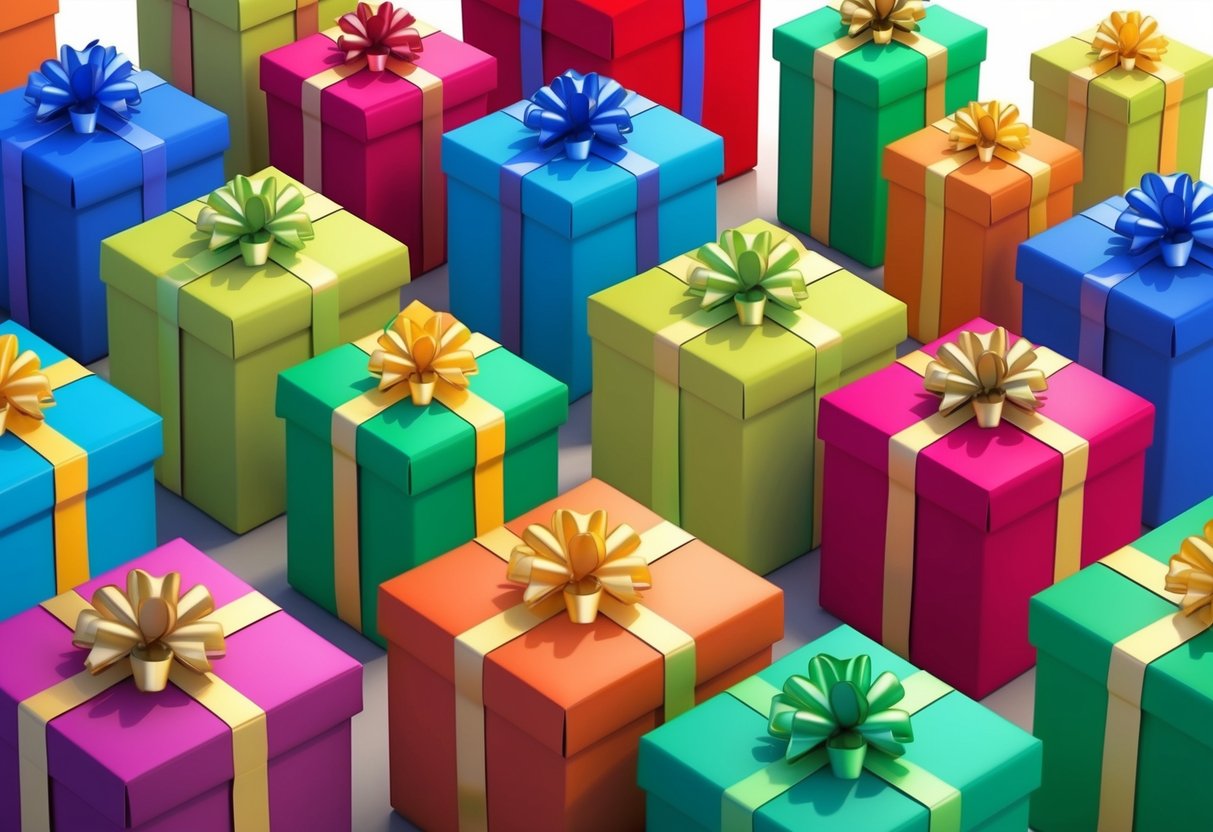 A group of colorful, wrapped presents arranged in a festive display, with ribbons and bows, ready to be exchanged for a Secret Santa gift exchange