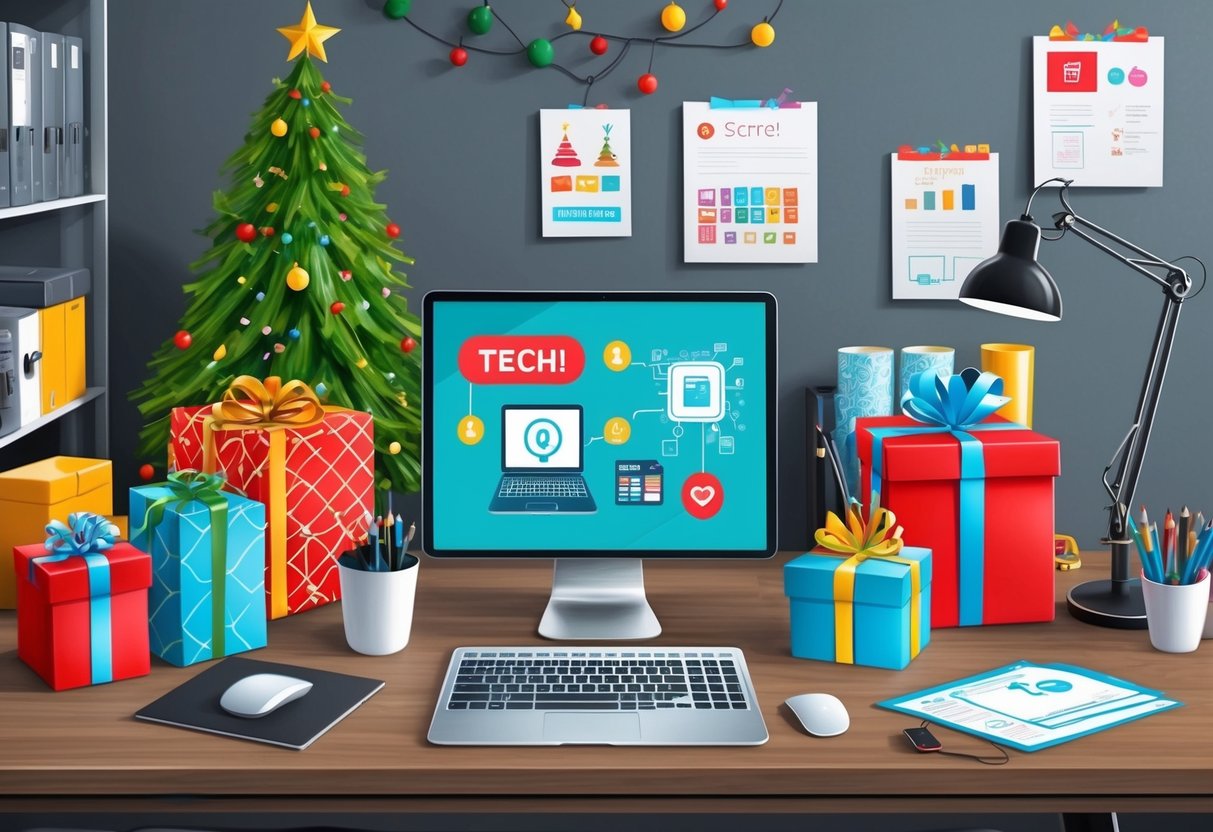 A festive office desk adorned with tech-themed Secret Santa gifts and colorful wrapping paper