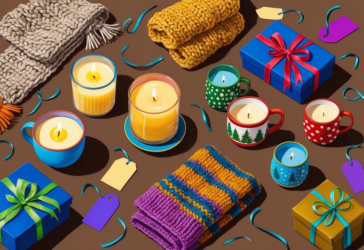 A table covered in handmade gifts, including candles, knitted scarves, and painted mugs. Colorful ribbons and tags add a festive touch
