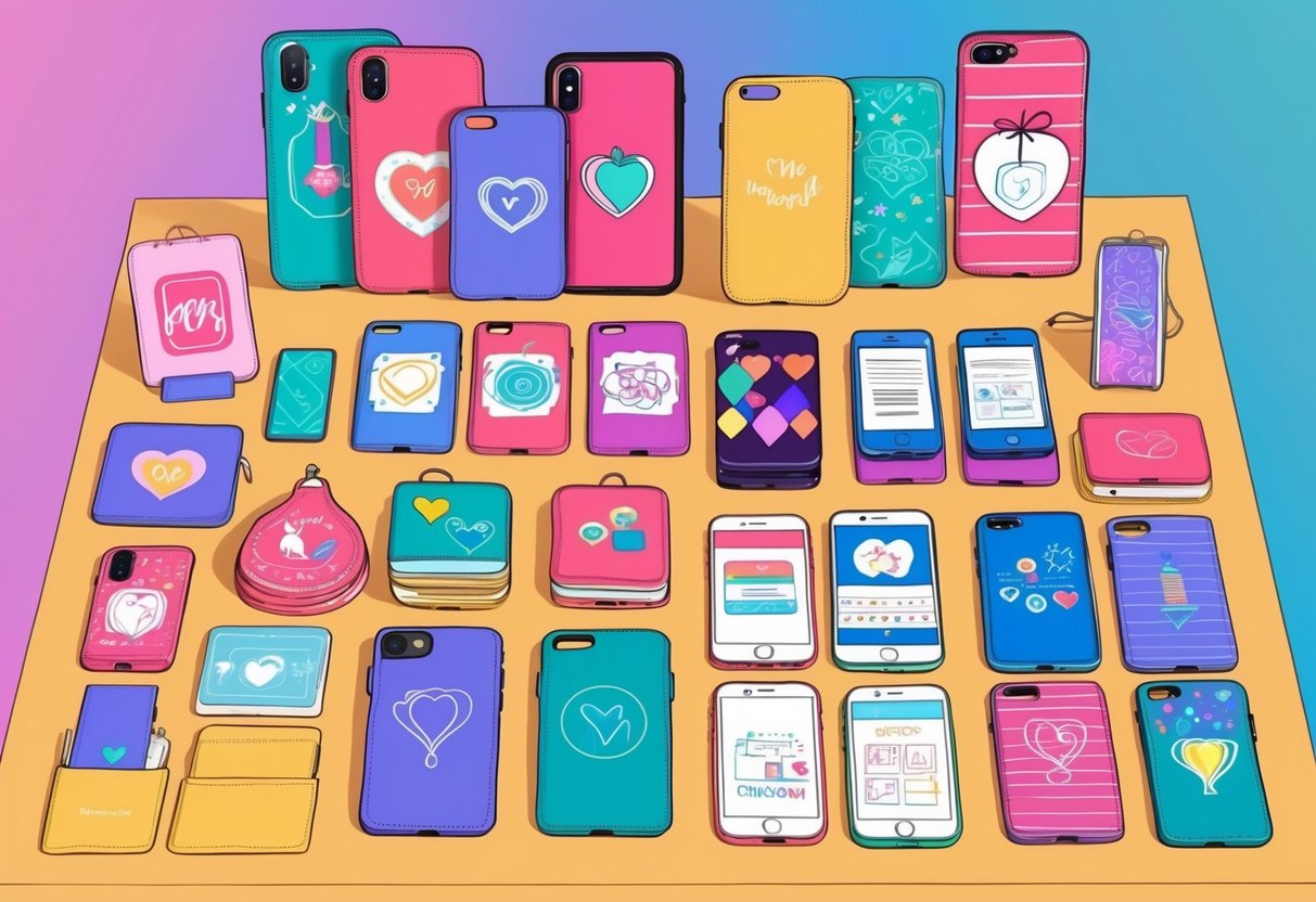 A colorful array of handmade digital gifts displayed on a table, including personalized phone cases, custom digital artwork, and unique downloadable content