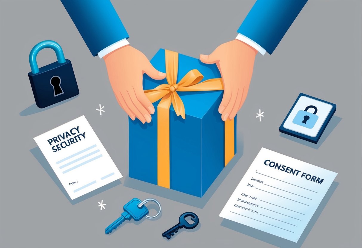 A person wrapping a gift box with a lock and key, surrounded by symbols of privacy and security like a padlock, key, and consent form