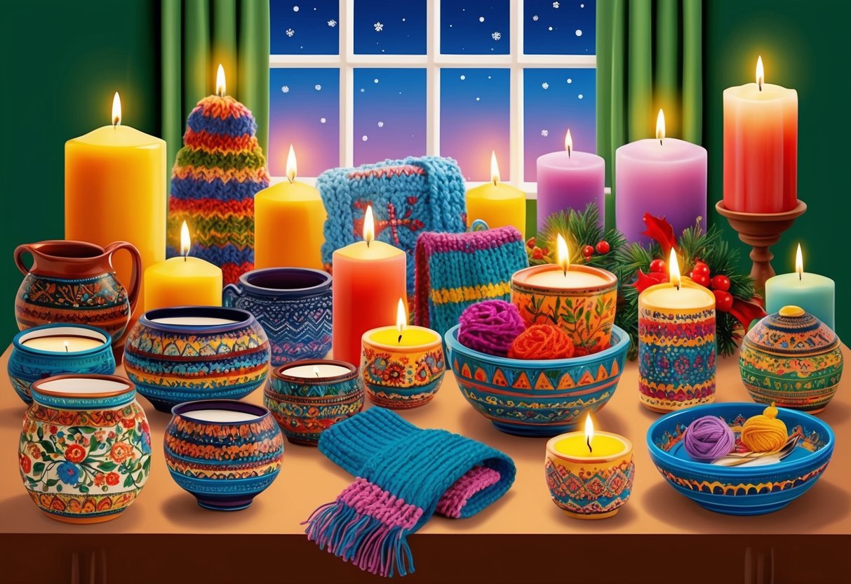 A colorful array of handmade gifts displayed on a table, including intricately painted pottery, knitted scarves, and carefully crafted candles