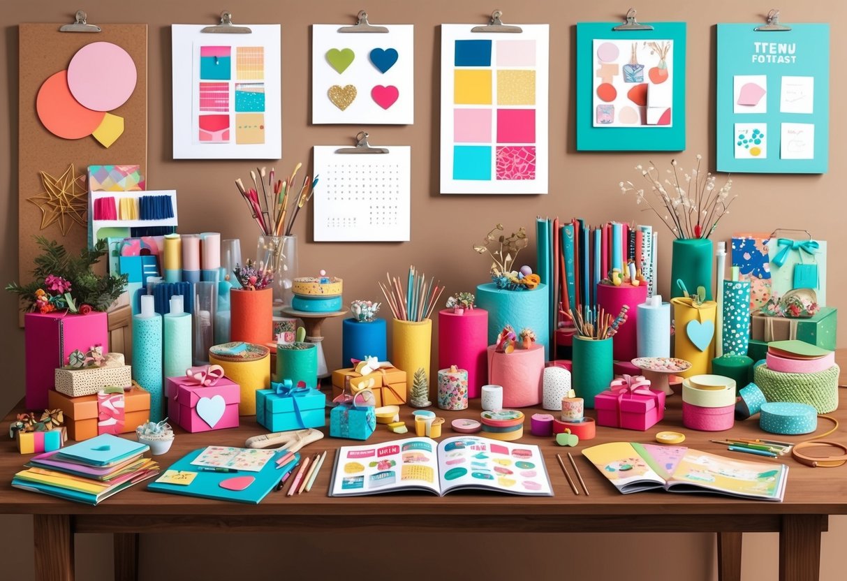 A colorful array of craft supplies and handmade gifts displayed on a wooden table, surrounded by inspiring mood boards and trend forecast magazines
