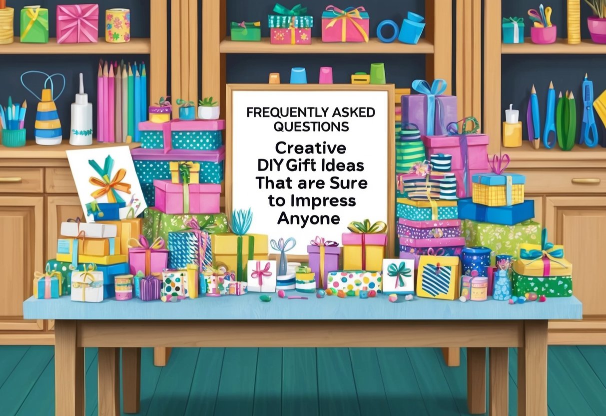 A table covered in colorful craft supplies and handmade gifts, with a sign reading "Frequently Asked Questions Creative DIY Gift Ideas That Are Sure to Impress Anyone" displayed prominently