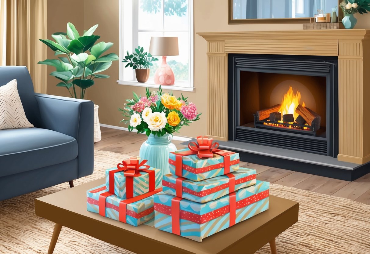 A cozy living room with a crackling fireplace, a vase of fresh flowers, and a stack of beautifully wrapped housewarming gifts on a coffee table