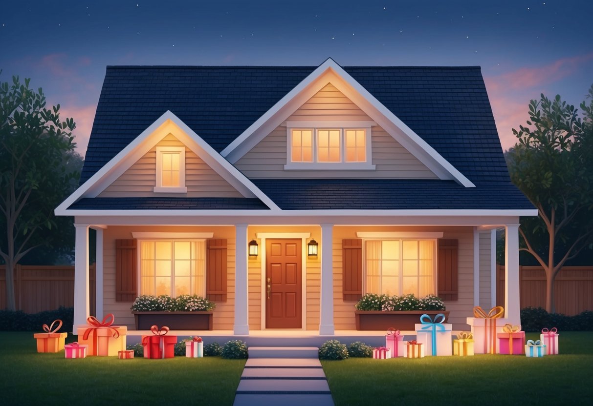 A cozy, newly built house with a warm glow, surrounded by thoughtful and unique housewarming gifts