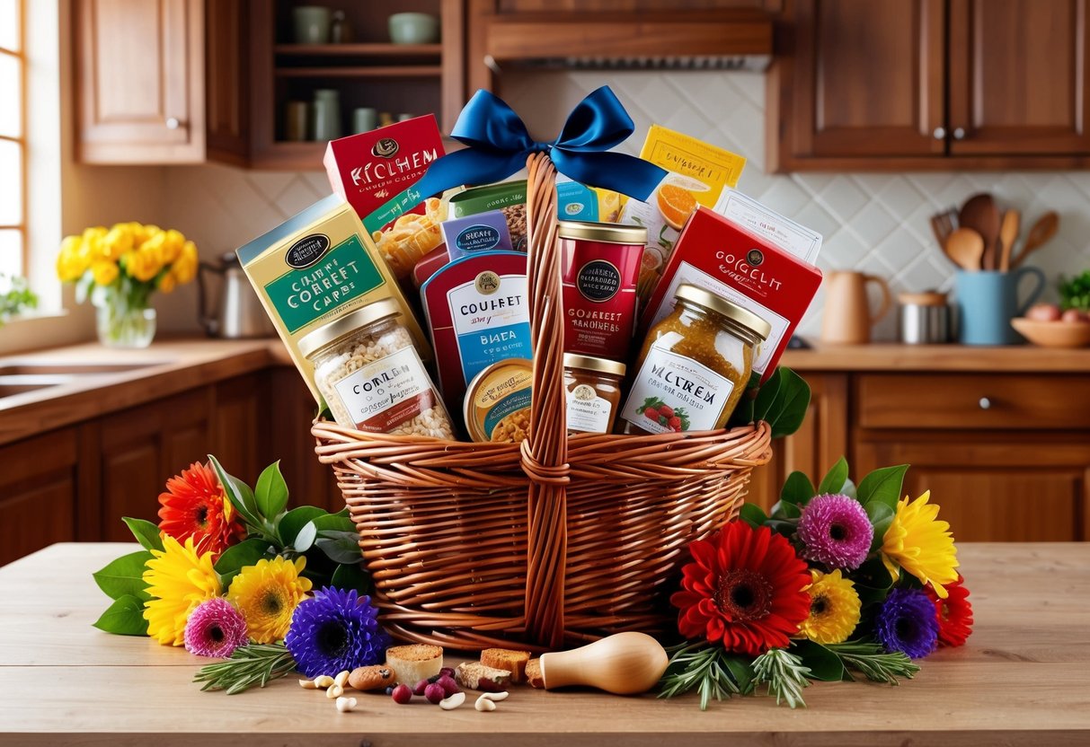 A beautifully wrapped gift basket filled with gourmet food and kitchen staples, surrounded by colorful flowers and a cozy kitchen setting